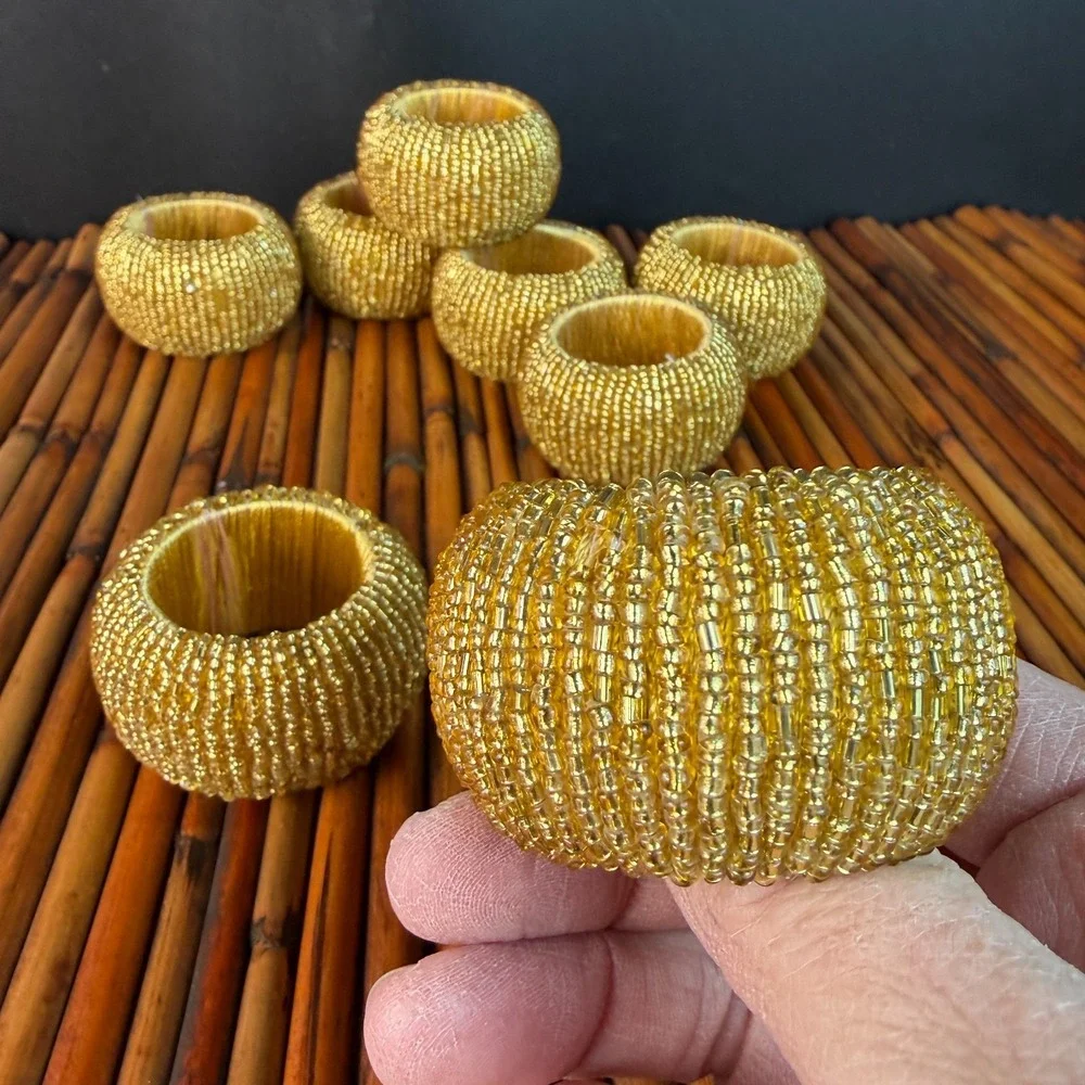 Tahari Home Golden yellow Napkin‎ Rings (set of 8) BEADED All Seasons/Holidays